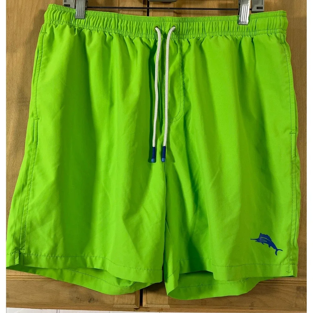 Tommy Bahama Swim Trunks Mens Large Lime Green Marlin Logo Drawstring Mesh Liner